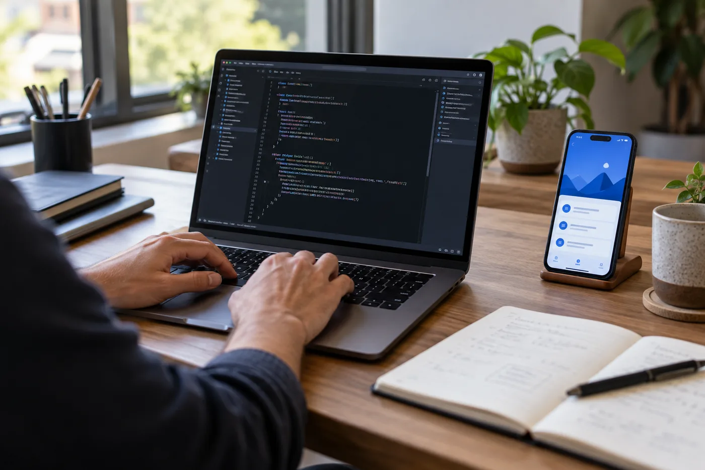 A developer writing Dart code on a laptop beside a mobile app preview
