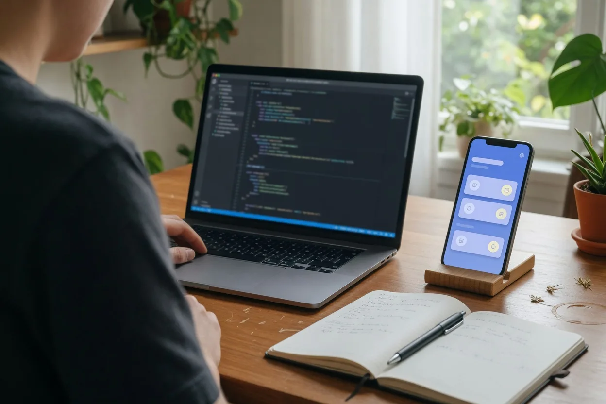 A developer at a desk with a laptop and a phone showing a mobile app